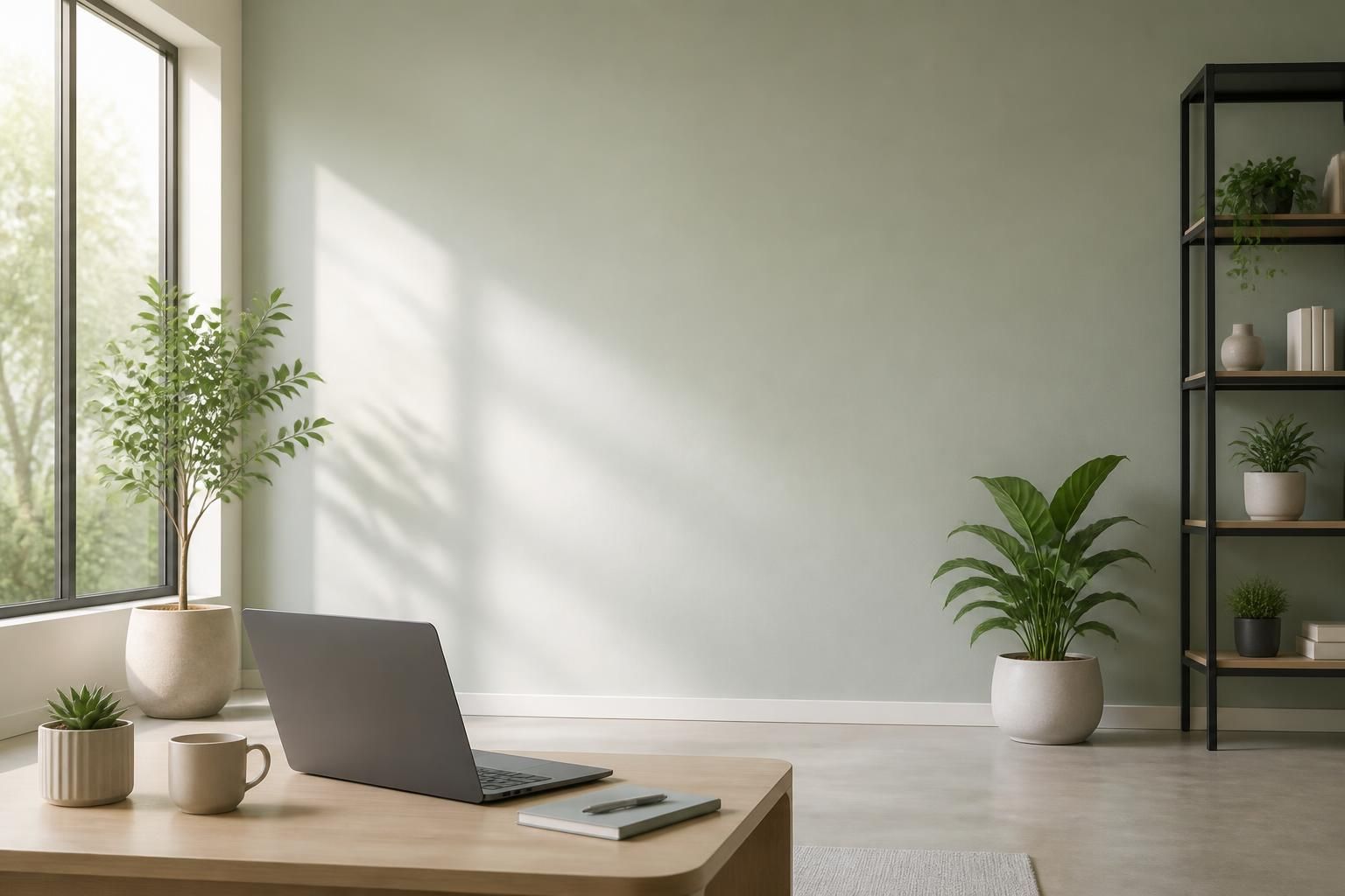 Modern office with laptop and open space for call-to-action text.