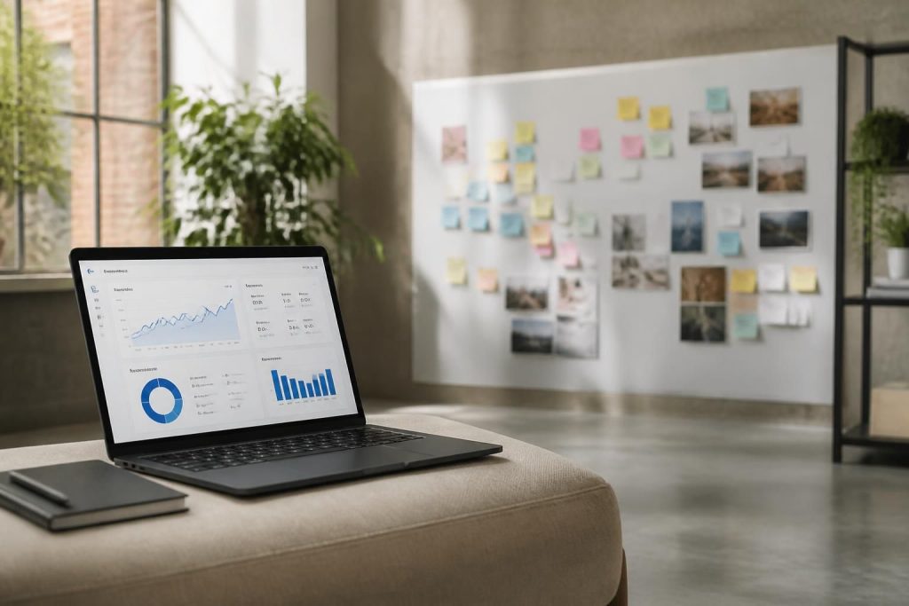 Modern marketing workspace with analytics dashboard and campaign planning area.
