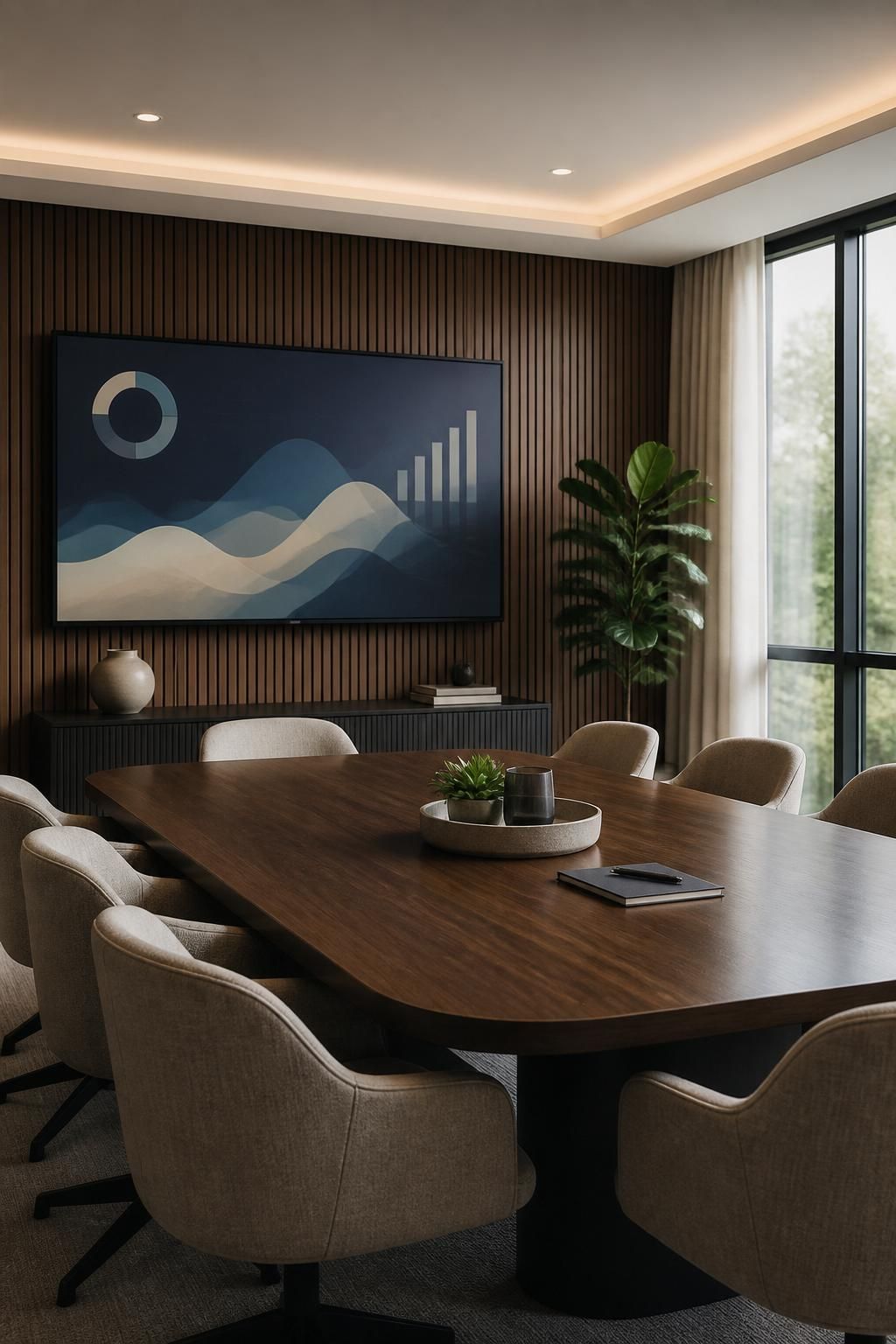 Modern meeting room with abstract marketing visuals and a polished table.